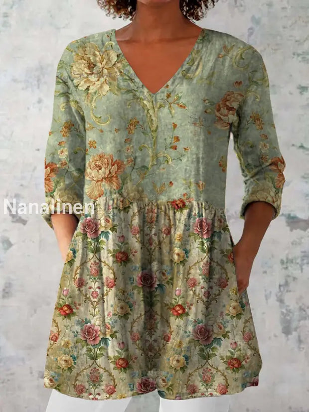 Elegant Boho Floral Print V-Neck Pattern Cotton Loose Long Sleeve Top A / S