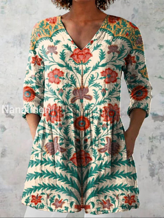 Elegant Boho Floral Print V-Neck Pattern Vintage Loose Long Sleeve Top A / S