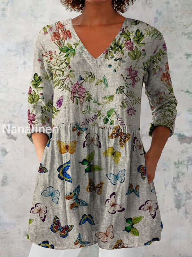 Elegant Boho Floral Print V-Neck Pattern Vintage Loose Long Sleeve Top A / S