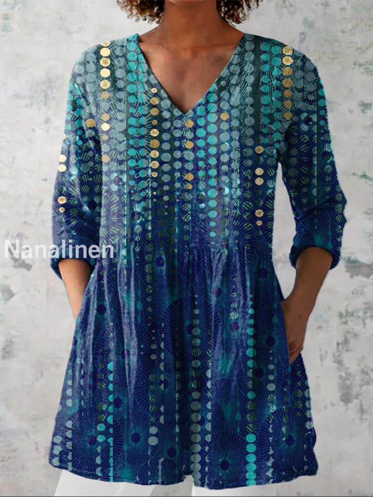 Elegant Boho Floral Print V-Neck Pattern Vintage Loose Long Sleeve Top A / S