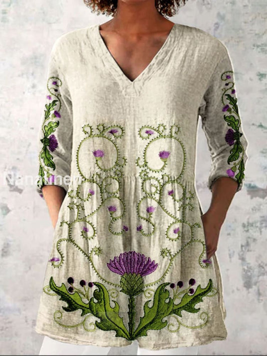Elegant Boho Floral Print V-Neck Pattern Vintage Loose Long Sleeve Top A / S