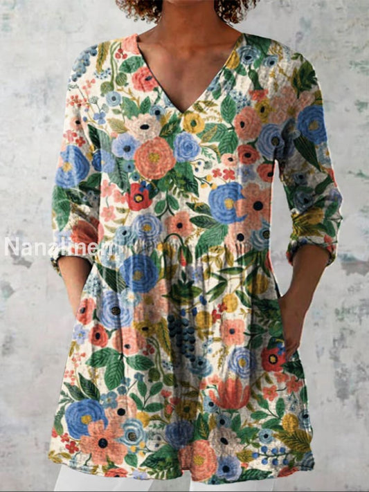 Elegant Boho Floral Print V-Neck Pattern Vintage Loose Long Sleeve Top A / S