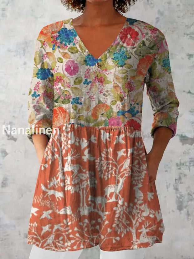 Elegant Boho Floral Print V-Neck Pattern Vintage Loose Long Sleeve Top A / S