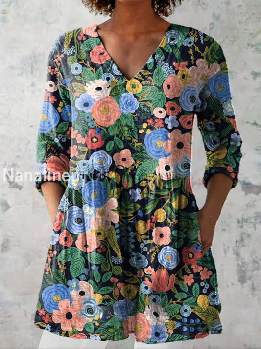 Elegant Boho Floral Print V-Neck Pattern Vintage Loose Long Sleeve Top A / S