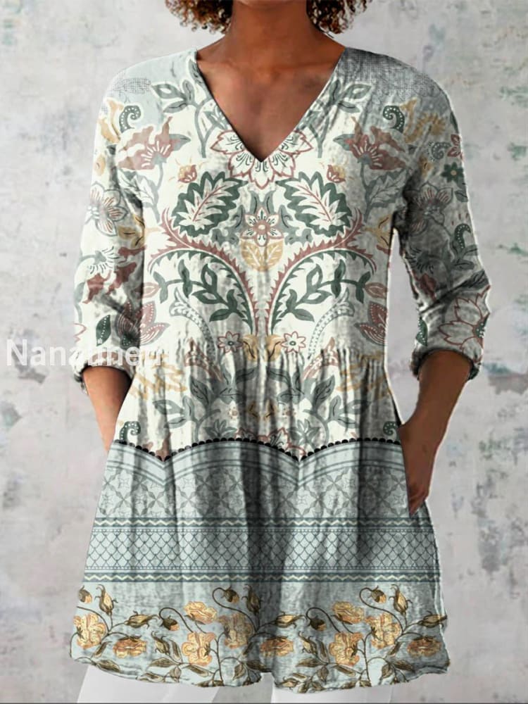 Elegant Boho Floral Print V-Neck Pattern Vintage Loose Long Sleeve Top A / S