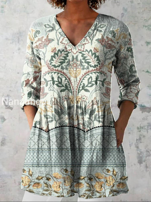 Elegant Boho Floral Print V-Neck Pattern Vintage Loose Long Sleeve Top A / S