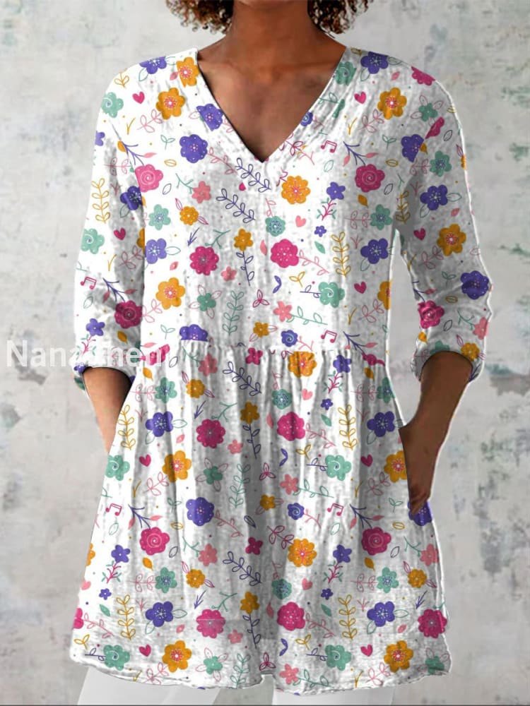 Elegant Boho Floral Print V-Neck Pattern Vintage Loose Long Sleeve Top A / S