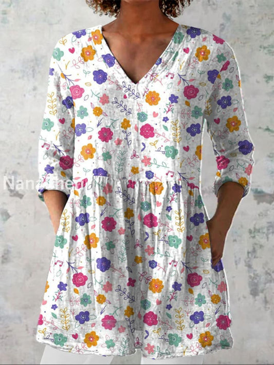 Elegant Boho Floral Print V-Neck Pattern Vintage Loose Long Sleeve Top A / S
