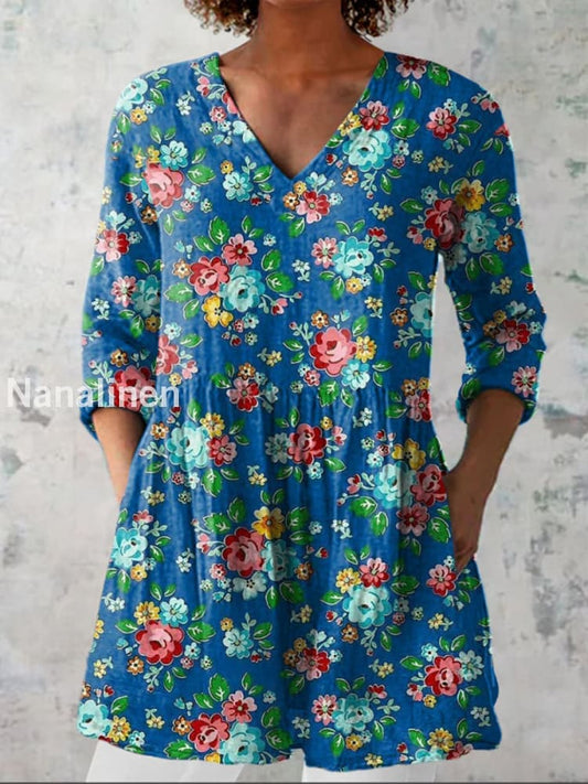 Elegant Boho Floral Print V-Neck Pattern Vintage Loose Long Sleeve Top A / S