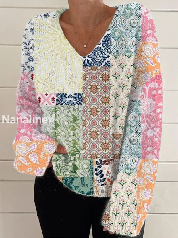 Elegant Boho Retro Floral Print Vintage Chic V-Neck Long Sleeve Thick Knit Sweater A / S