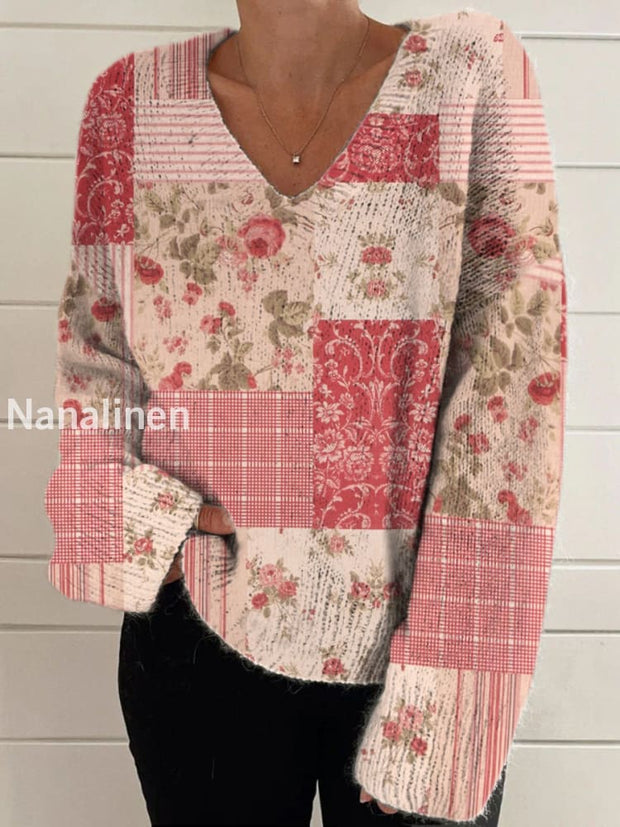 Elegant Boho Retro Floral Print Vintage Chic V-Neck Long Sleeve Thick Knit Sweater A / S