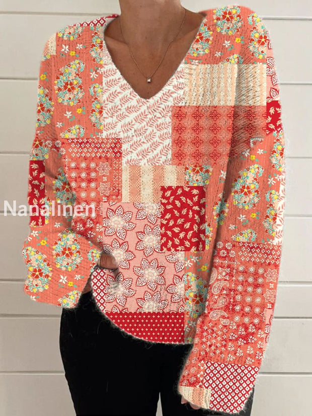 Elegant Boho Retro Floral Print Vintage Chic V-Neck Long Sleeve Thick Knit Sweater A / S