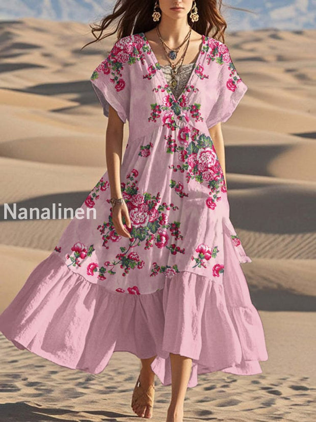 Elegant Floral Art Print Casual Long V-Neck Dress As picture / S