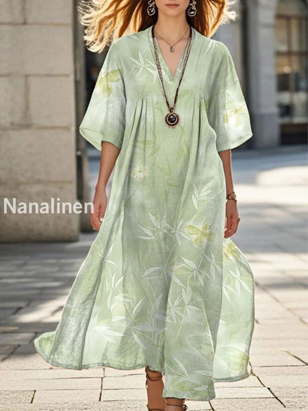 Elegant Floral Print V-Neck Short Sleeve Midi Dress Light Green / S