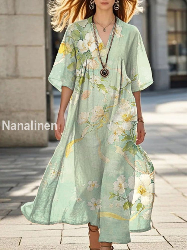 Elegant Floral Print V-Neck Short Sleeve Midi Dress Light Green / S