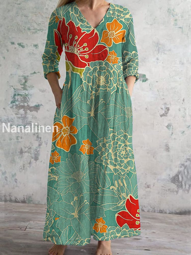 Elegant Flowers Art Print Chic V Neck Three Quarter Sleeve Elegant Midi Dress Light Green / S