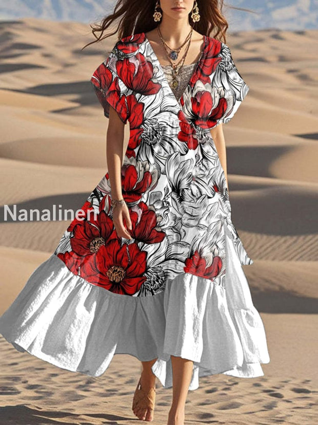 Elegant Modern Floral Art Print Casual Long V Neck Dress As picture / S