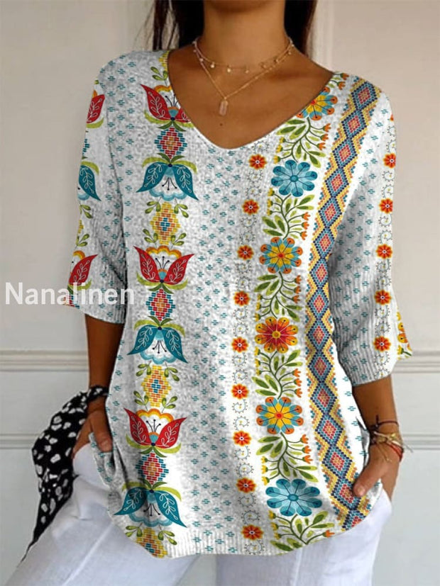 Elegant Retro Boho Floral Print V-Neck Loose Mid-Length Sleeve Top A / S