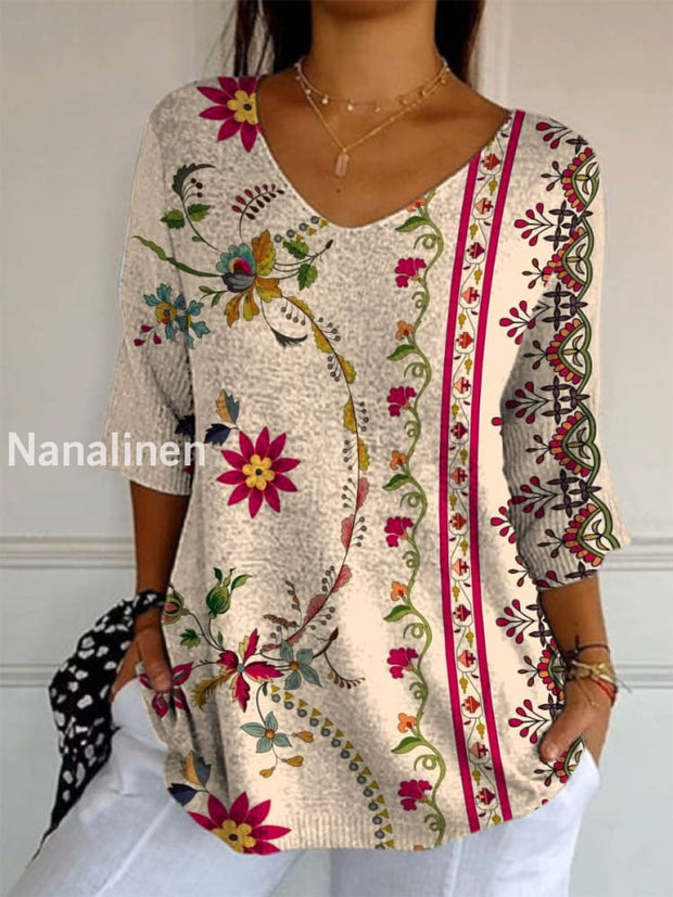 Elegant Retro Boho Floral Print V-Neck Loose Mid-Length Sleeve Top A / S