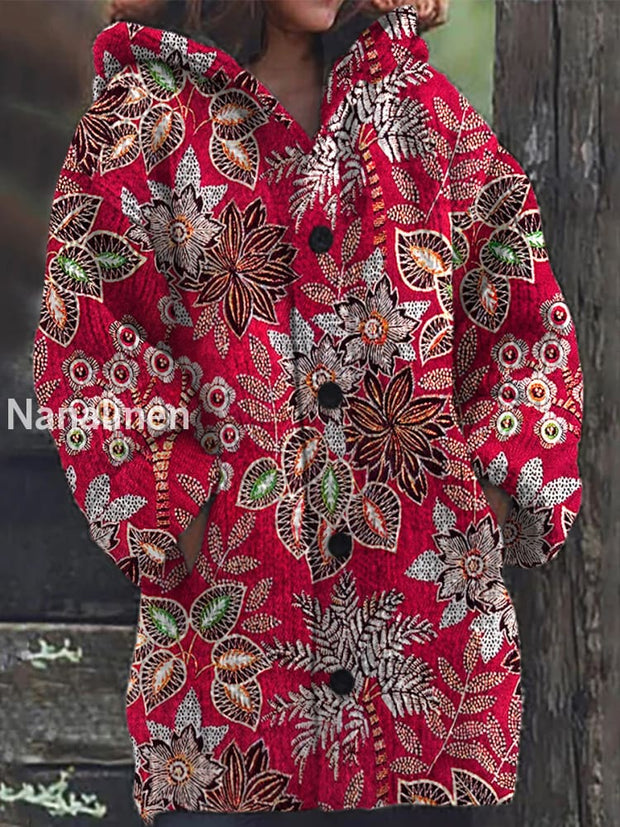 Elegant Retro Floral Print Button Up Thick Long-Sleeved Hooded Cardigan Sweater A / S