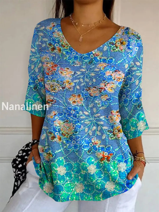 Elegant Retro Floral Print V-Neck Loose Mid-Length Sleeve Top A / S