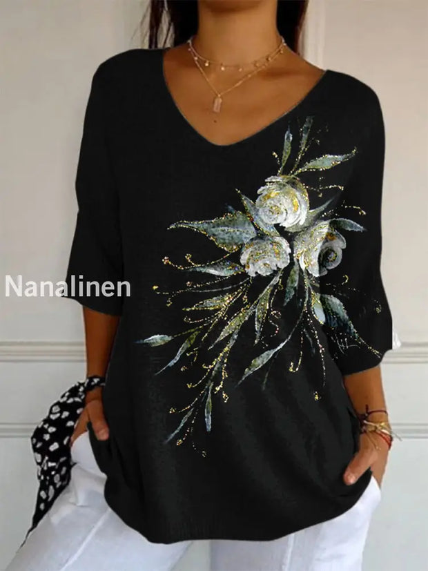 Elegant Retro Floral Print V-Neck Loose Mid-Length Sleeve Top A / S