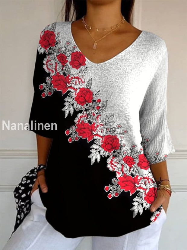 Elegant Retro Floral Print V-Neck Loose Mid-Length Sleeve Top A / S