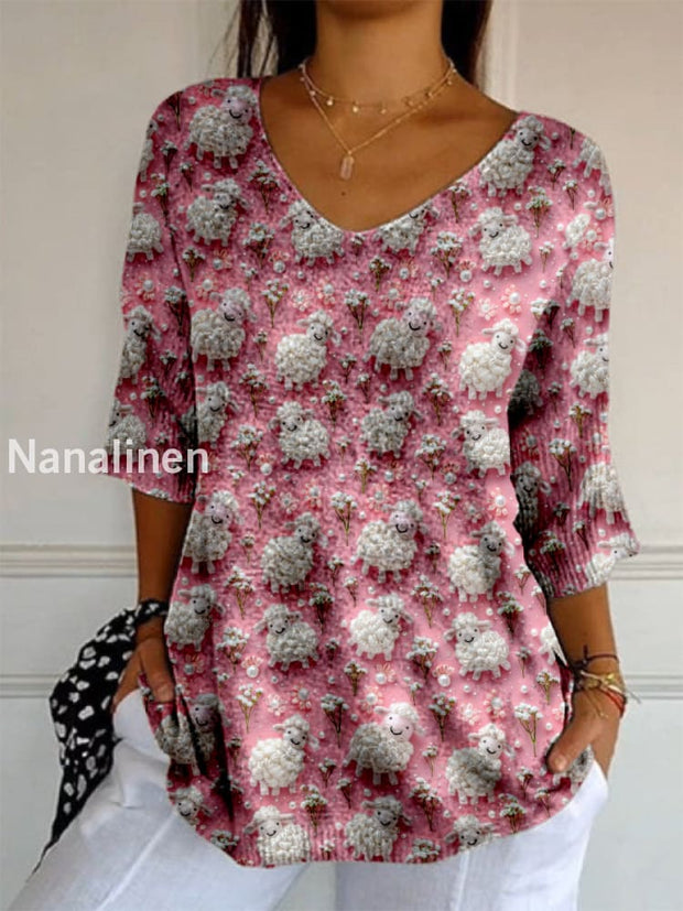 Elegant Retro Floral Print V-Neck Pattern Cotton Knit Mid-Length Sleeve Top A / S