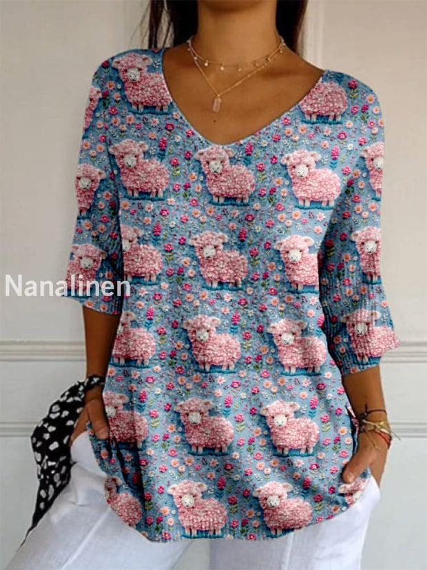 Elegant Retro Floral Print V-Neck Pattern Cotton Knit Mid-Length Sleeve Top A / S