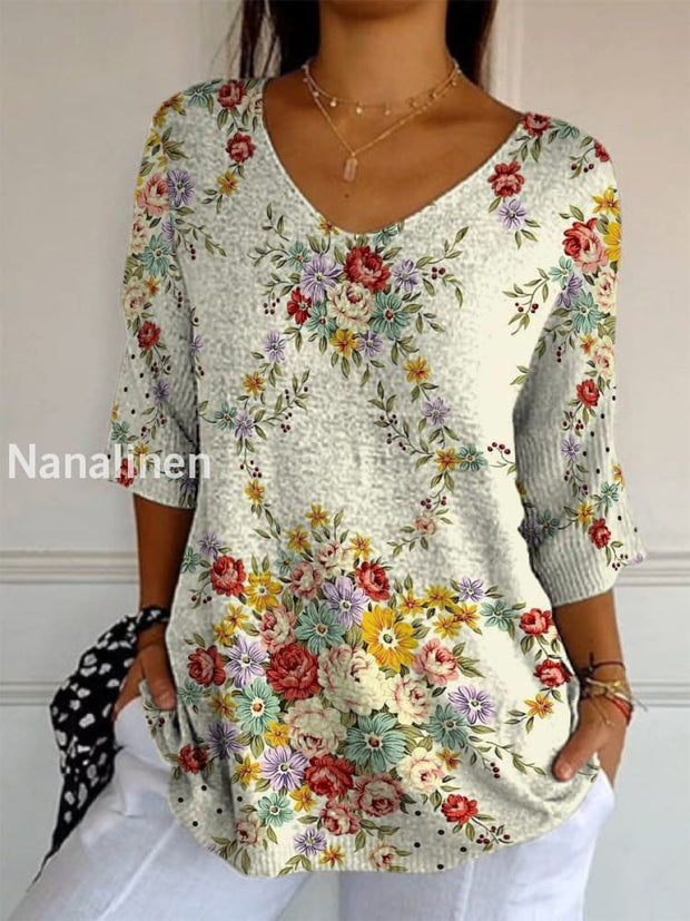 Elegant Retro Floral Print V-Neck Pattern Cotton Knit Mid-Length Sleeve Top A / S