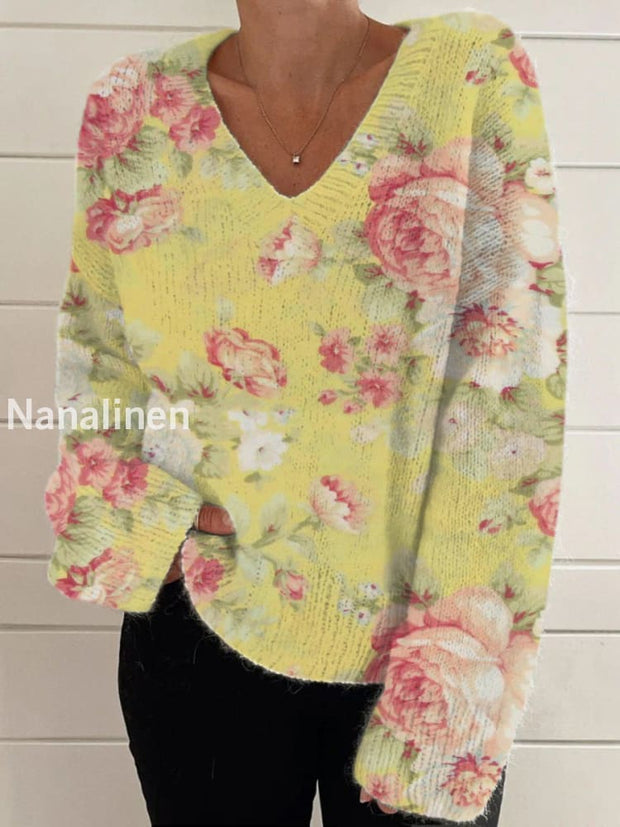 Elegant Retro Floral Print Vintage Chic V-Neck Long Sleeve Thick Knit Sweater A / S