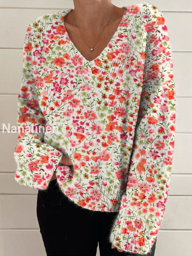 Elegant Retro Floral Print Vintage Chic V-Neck Long Sleeve Thick Knit Sweater A / S