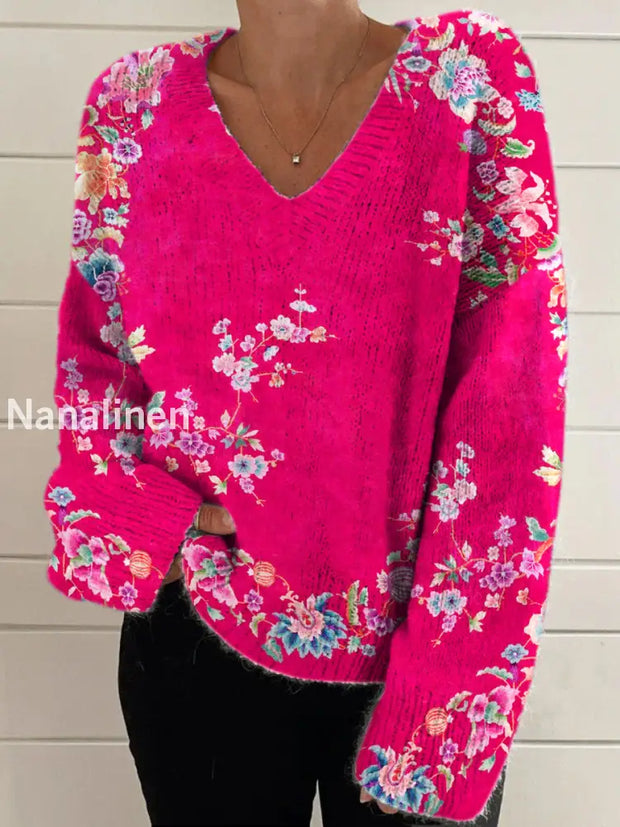 Elegant Retro Floral Print Vintage Chic V-Neck Long Sleeve Thick Knit Sweater A / S