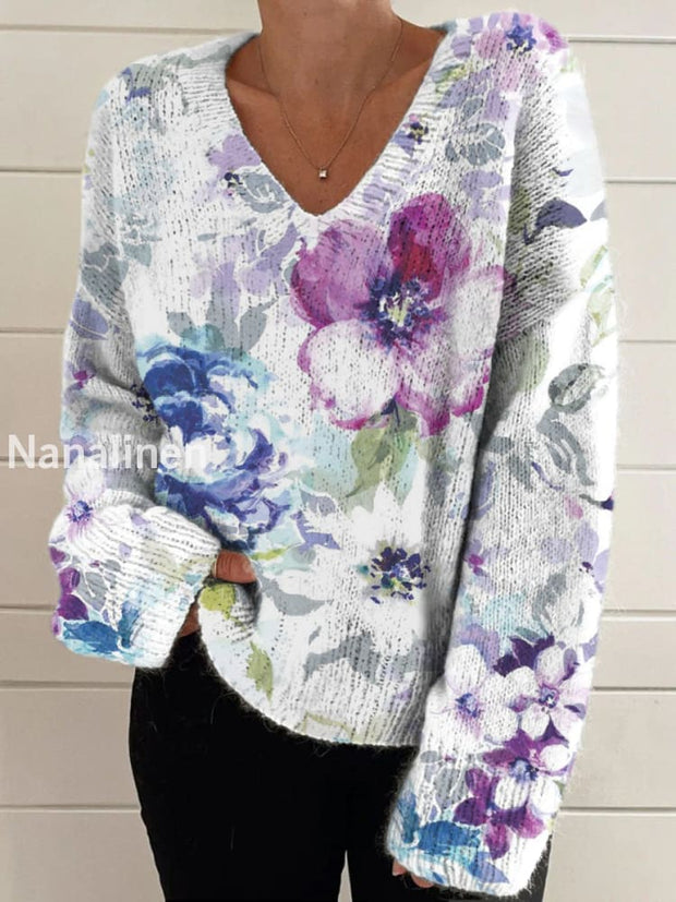 Elegant Retro Floral Print Vintage Chic V-Neck Long Sleeve Thick Knit Sweater A / S