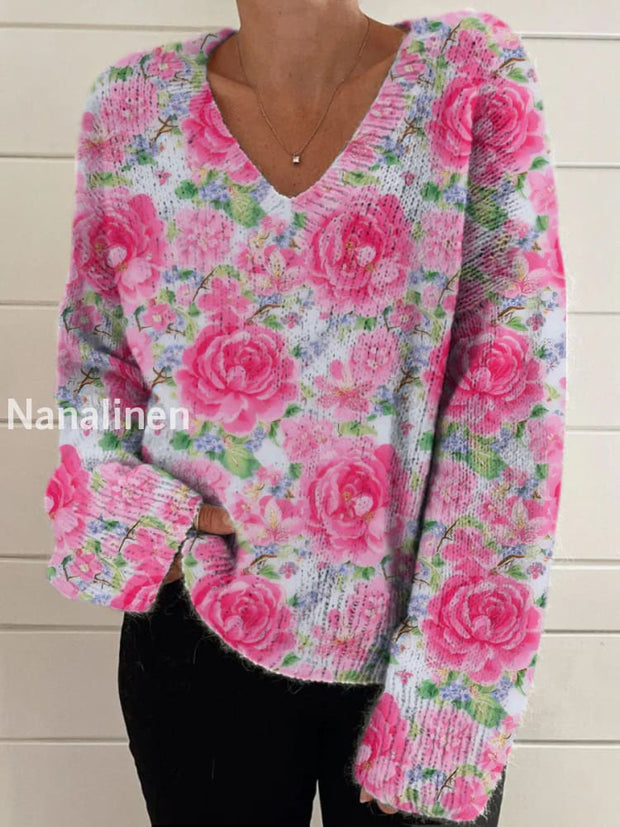 Elegant Retro Floral Print Vintage Chic V-Neck Long Sleeve Thick Knit Sweater A / S