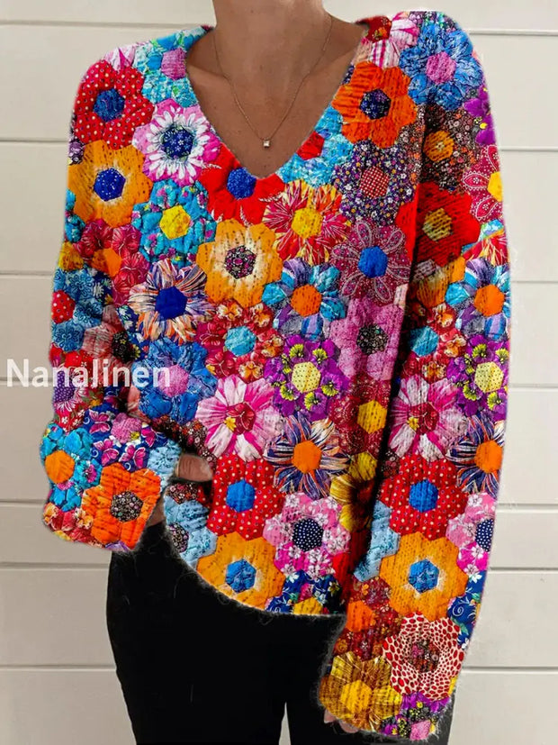 Elegant Retro Floral Print Vintage Chic V-Neck Long Sleeve Thick Knit Sweater A / S