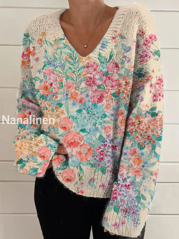 Elegant Retro Floral Print Vintage Chic V-Neck Long Sleeve Thick Knit Sweater A / S