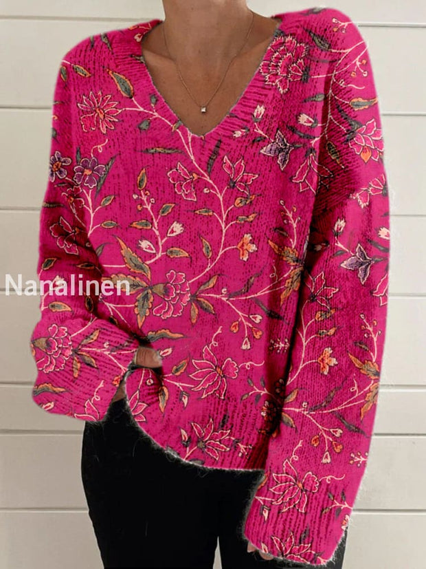 Elegant Retro Floral Print Vintage Chic V-Neck Long Sleeve Thick Knit Sweater A / S