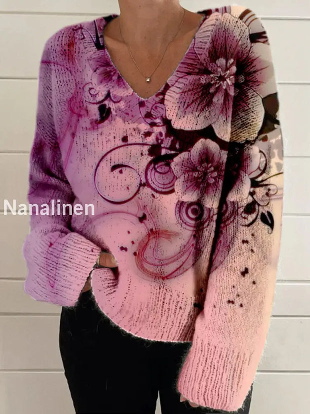 Elegant Retro Floral Print Vintage Chic V-Neck Long Sleeve Thick Knit Sweater A / S