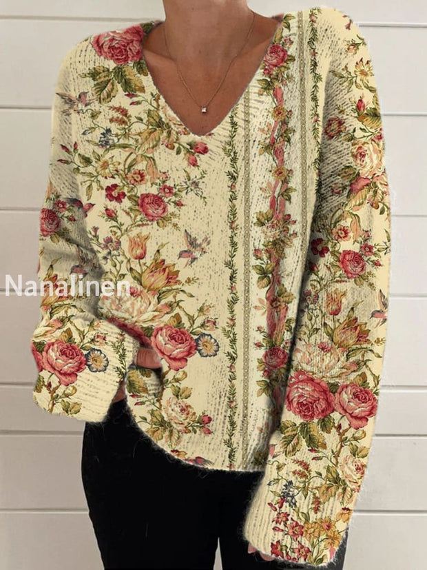 Elegant Retro Floral Print Vintage Chic V-Neck Long Sleeve Thick Knit Sweater A / S