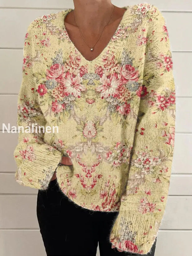 Elegant Retro Floral Print Vintage Chic V-Neck Long Sleeve Thick Knit Sweater A / S