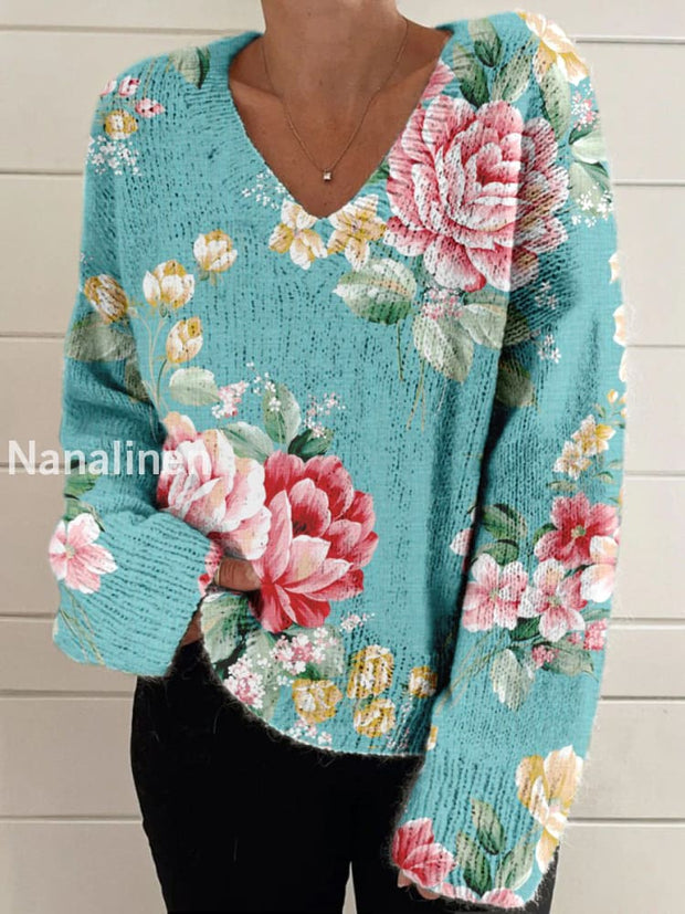 Elegant Retro Floral Print Vintage Chic V-Neck Long Sleeve Thick Knit Sweater A / S