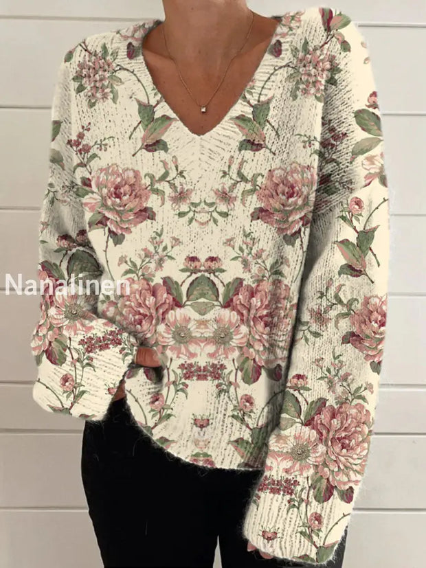 Elegant Retro Floral Print Vintage Chic V-Neck Long Sleeve Thick Knit Sweater A / S