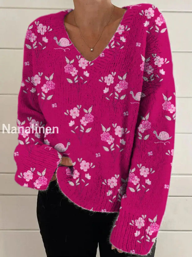 Elegant Retro Floral Print Vintage Chic V-Neck Long Sleeve Thick Knit Sweater A / S