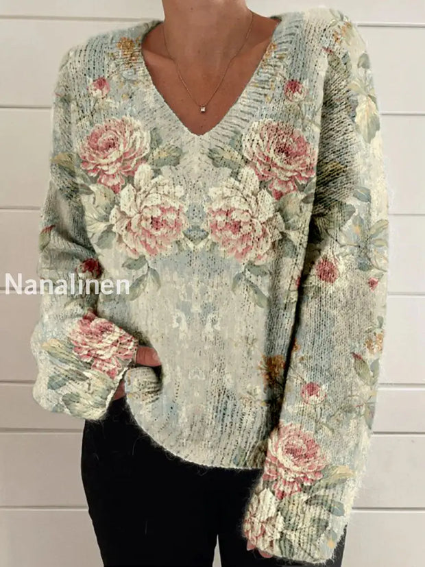 Elegant Retro Floral Print Vintage Chic V-Neck Long Sleeve Thick Knit Sweater A / S