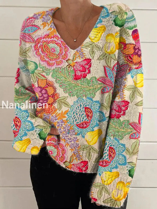 Elegant Retro Floral Print Vintage Chic V-Neck Long Sleeve Thick Knit Sweater A / S