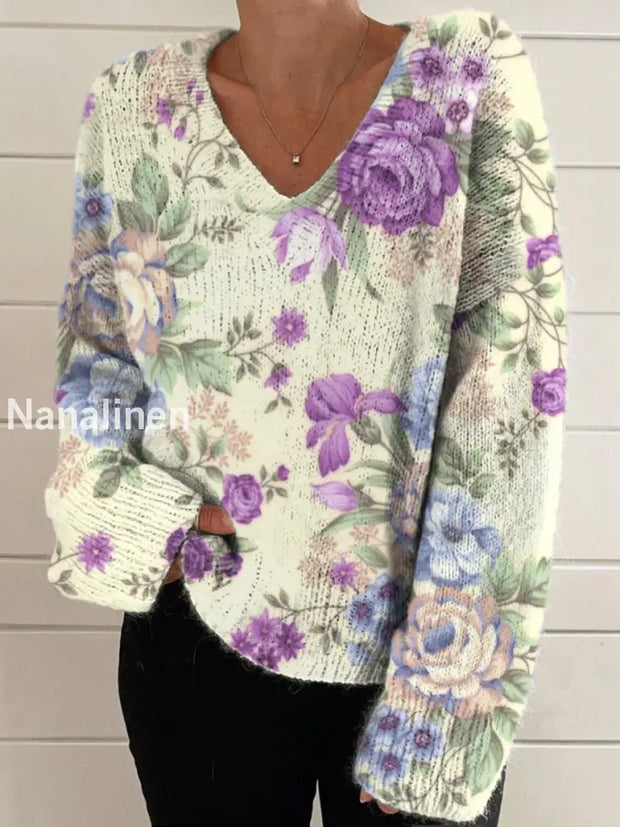 Elegant Retro Floral Print Vintage Chic V-Neck Long Sleeve Thick Knit Sweater A / S