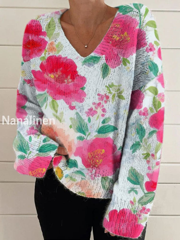 Elegant Retro Floral Print Vintage Chic V-Neck Long Sleeve Thick Knit Sweater A / S