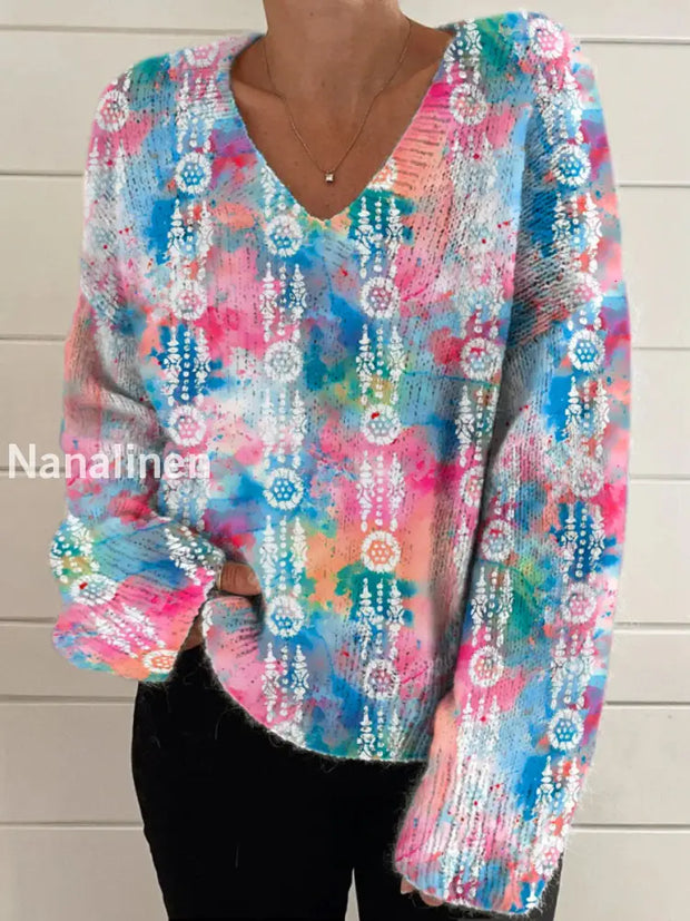 Elegant Retro Floral Print Vintage Chic V-Neck Long Sleeve Thick Knit Sweater A / S