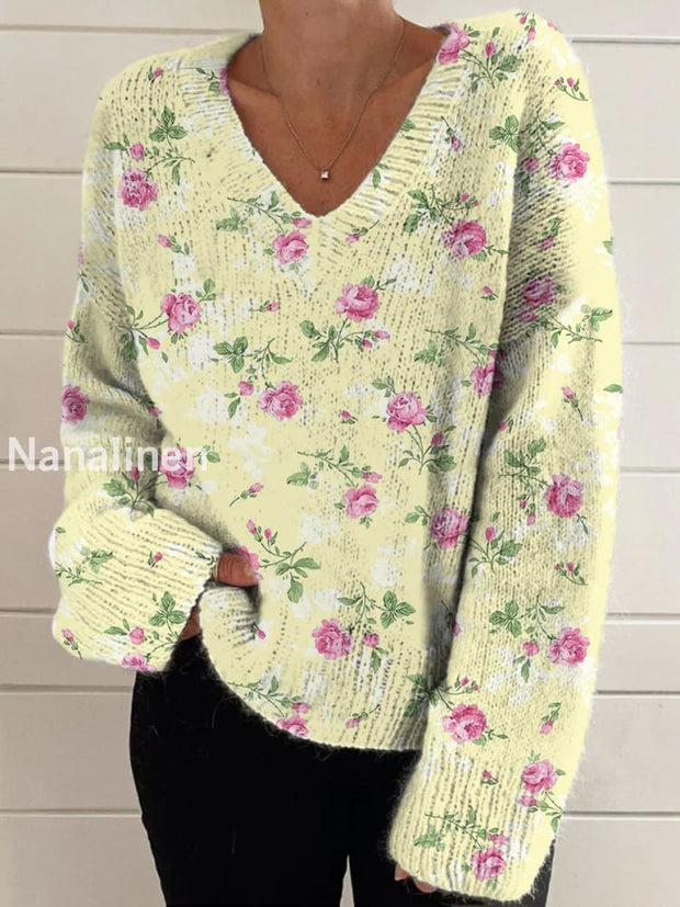 Elegant Retro Floral Print Vintage Chic V-Neck Long Sleeve Thick Knit Sweater A / S